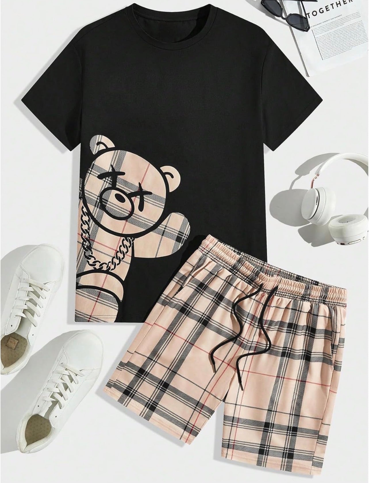 Men's Casual Outfits Short Sleeve Cartoon Bear T Shirt and Drawstring Plaid Shorts Tracksuits Set