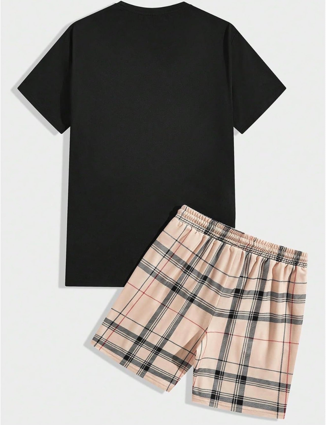 Men's Casual Outfits Short Sleeve Cartoon Bear T Shirt and Drawstring Plaid Shorts Tracksuits Set