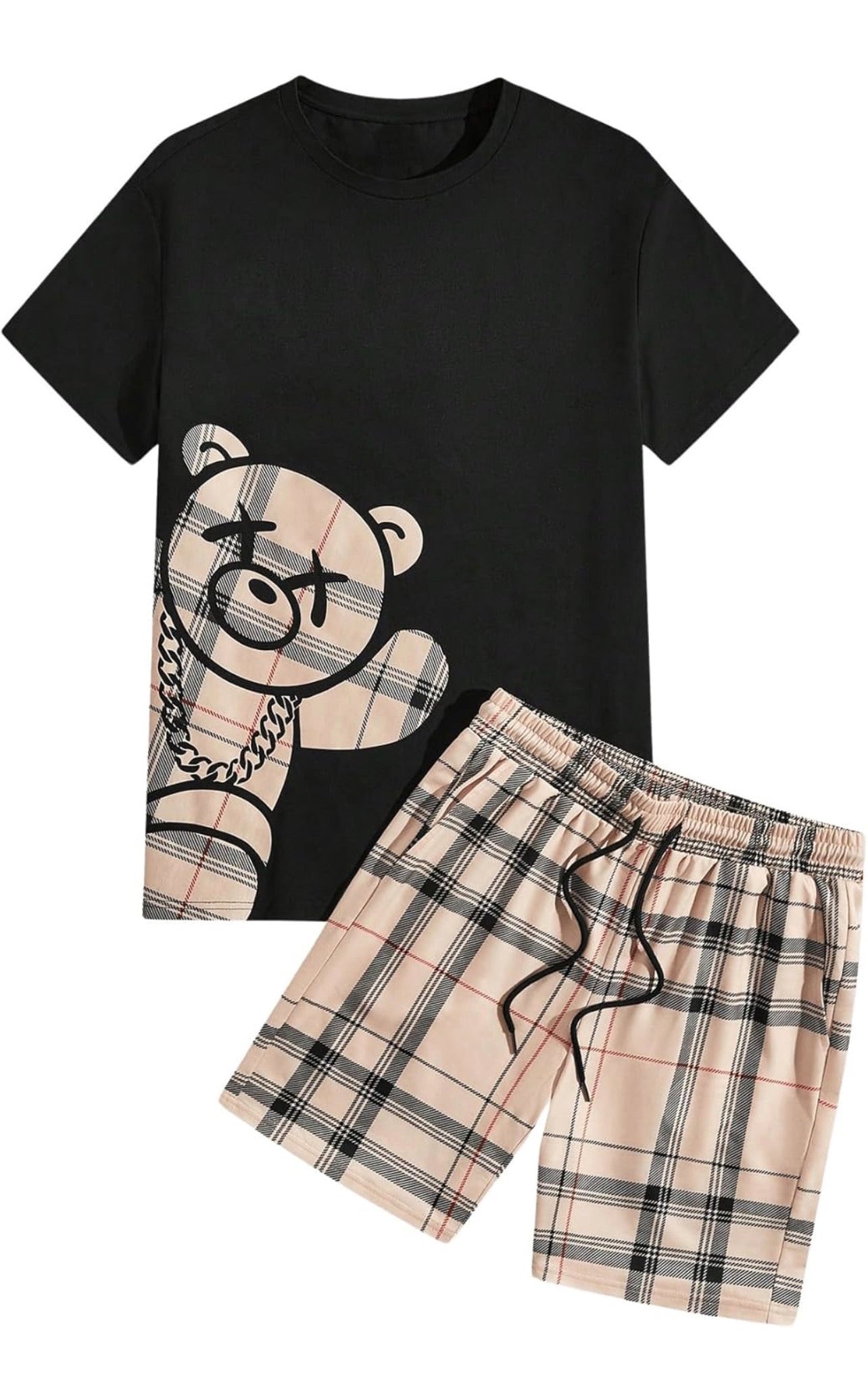 Men's Casual Outfits Short Sleeve Cartoon Bear T Shirt and Drawstring Plaid Shorts Tracksuits Set