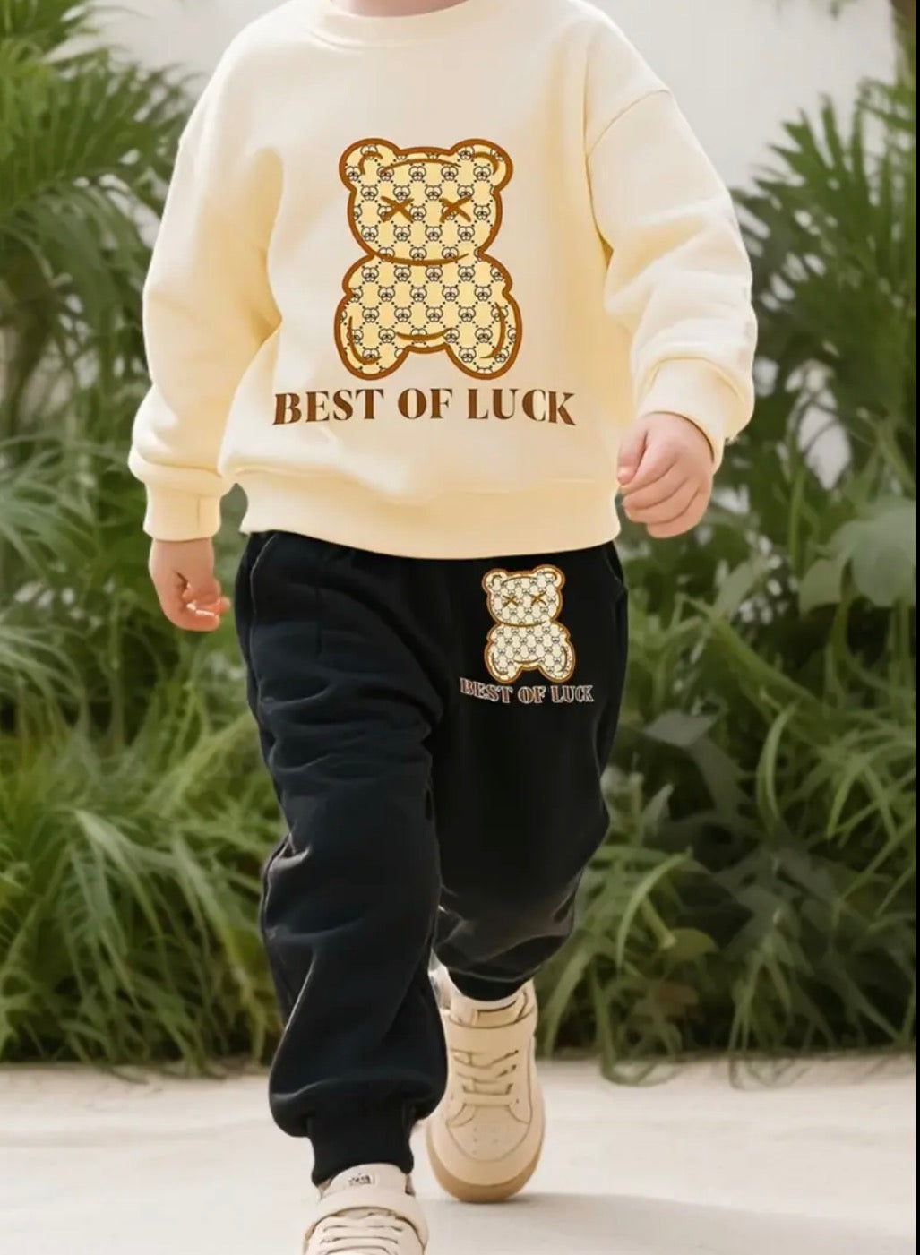 Autumn and winter lucky bear letter pattern printed sweatshirt+printed sweatpants set