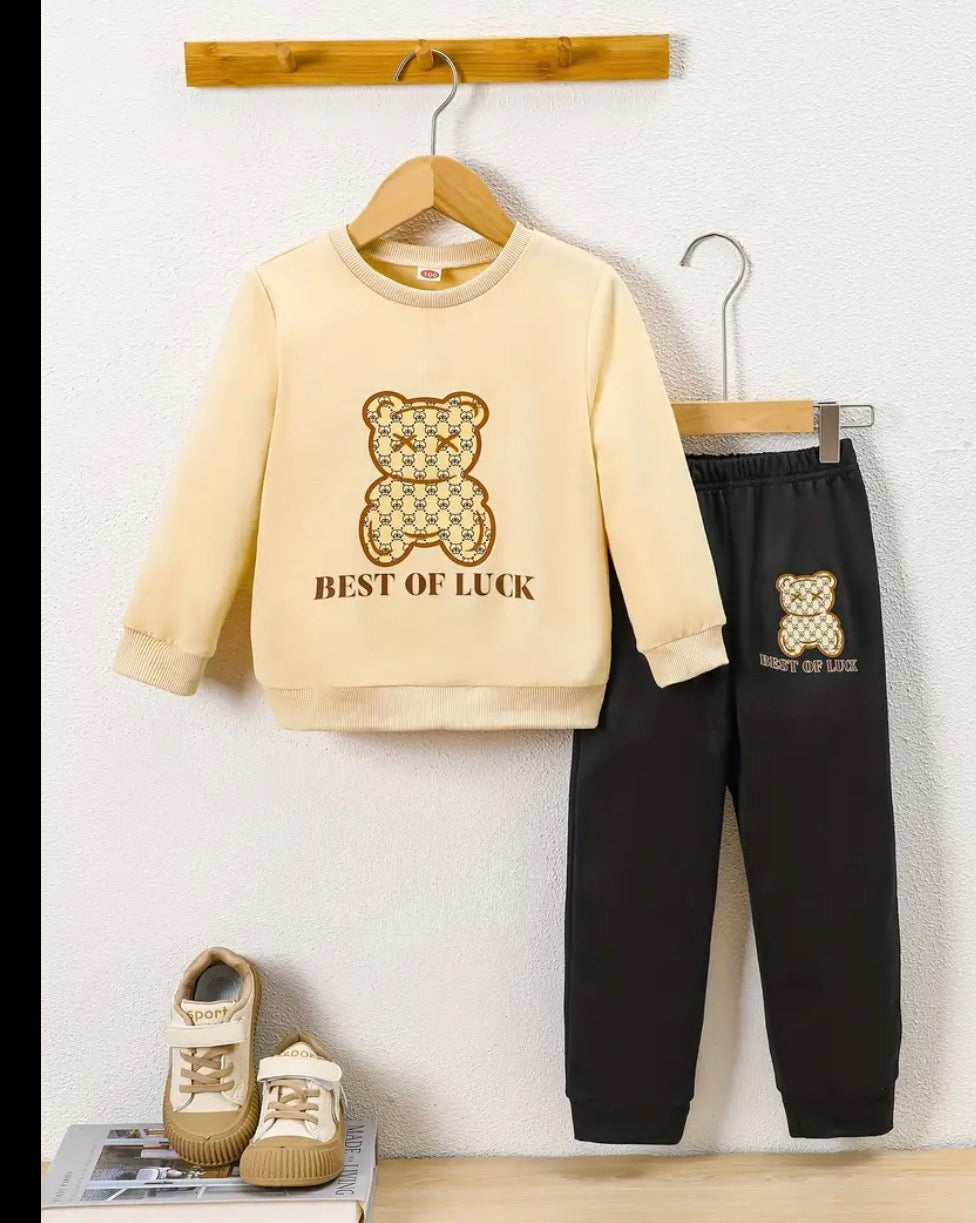 Autumn and winter lucky bear letter pattern printed sweatshirt+printed sweatpants set
