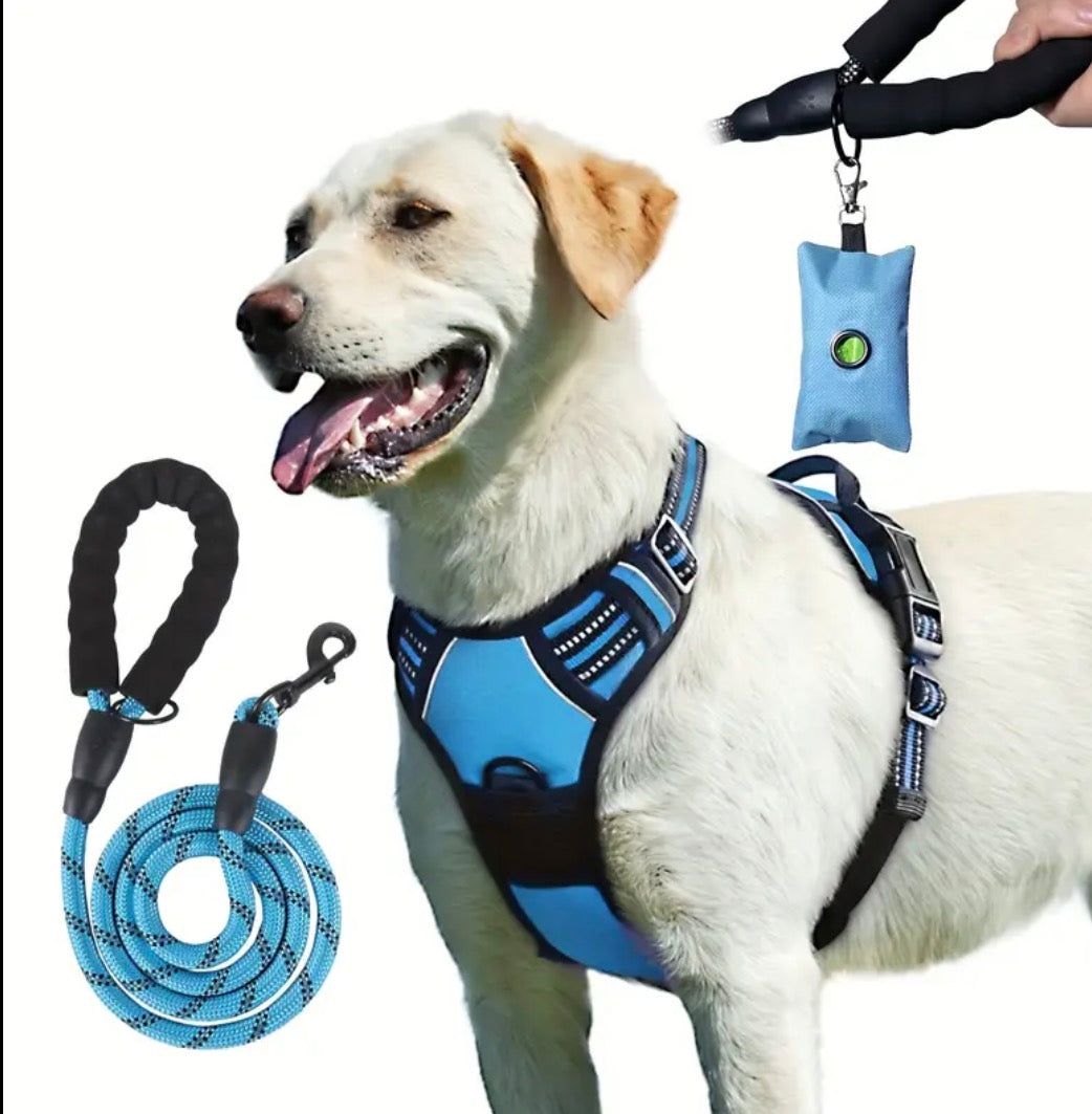 3pcs Escape-Proof Dog Harness & Leash & Poop Bag Dispenser Set,Adjustable, Soft, Comfortable, Breathable Dog Vest,Night reflex, suitable for medium and large dogs walking