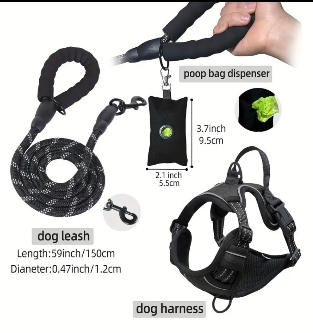 3pcs Escape-Proof Dog Harness & Leash & Poop Bag Dispenser Set,Adjustable, Soft, Comfortable, Breathable Dog Vest,Night reflex, suitable for medium and large dogs walking